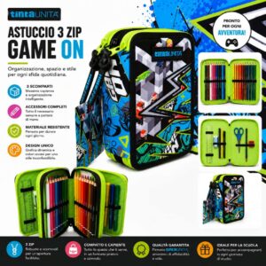 astuccio scuola 3 cerniere tinta unita game 2026/27 bambino , astuccio completo