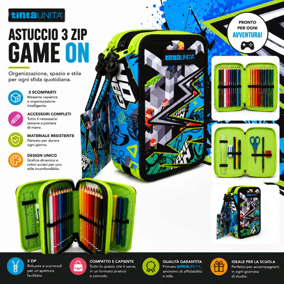 astuccio scuola 3 cerniere tinta unita game 2026/27 bambino , astuccio completo astuccio scuola 3 cerniere tinta unita game 2026/27 bambino , astuccio completo